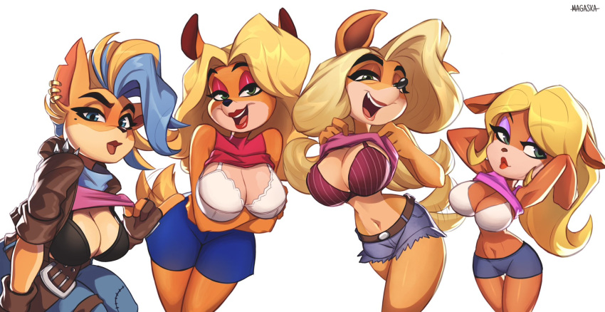 activision anthro bandicoot big_breasts blonde_hair bottomwear bra breasts cleavage clothed clothing crash_bandicoot_(series) cutoffs denim denim_clothing ear_piercing female flashing flashing_bra flashing_breasts group hair hi_res hotpants magaska19 mammal marsupial mohawk piercing pirate_tawna presenting presenting_breasts shorts small_waist smile tail_motion tailwag tawna_bandicoot thick_thighs underwear wide_hips