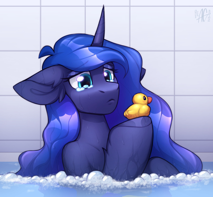 argigen bath blue_body blue_eyes blue_fur blue_hair blue_hooves bodily_fluids bubble crying ears_down equid equine female feral friendship_is_magic fur hair hasbro hi_res holding_object hooves horn inner_ear_fluff long_hair mammal my_little_pony pivoted_ears princess_luna_(mlp) rubber_duck sad tears tuft unicorn unicorn_horn water wet