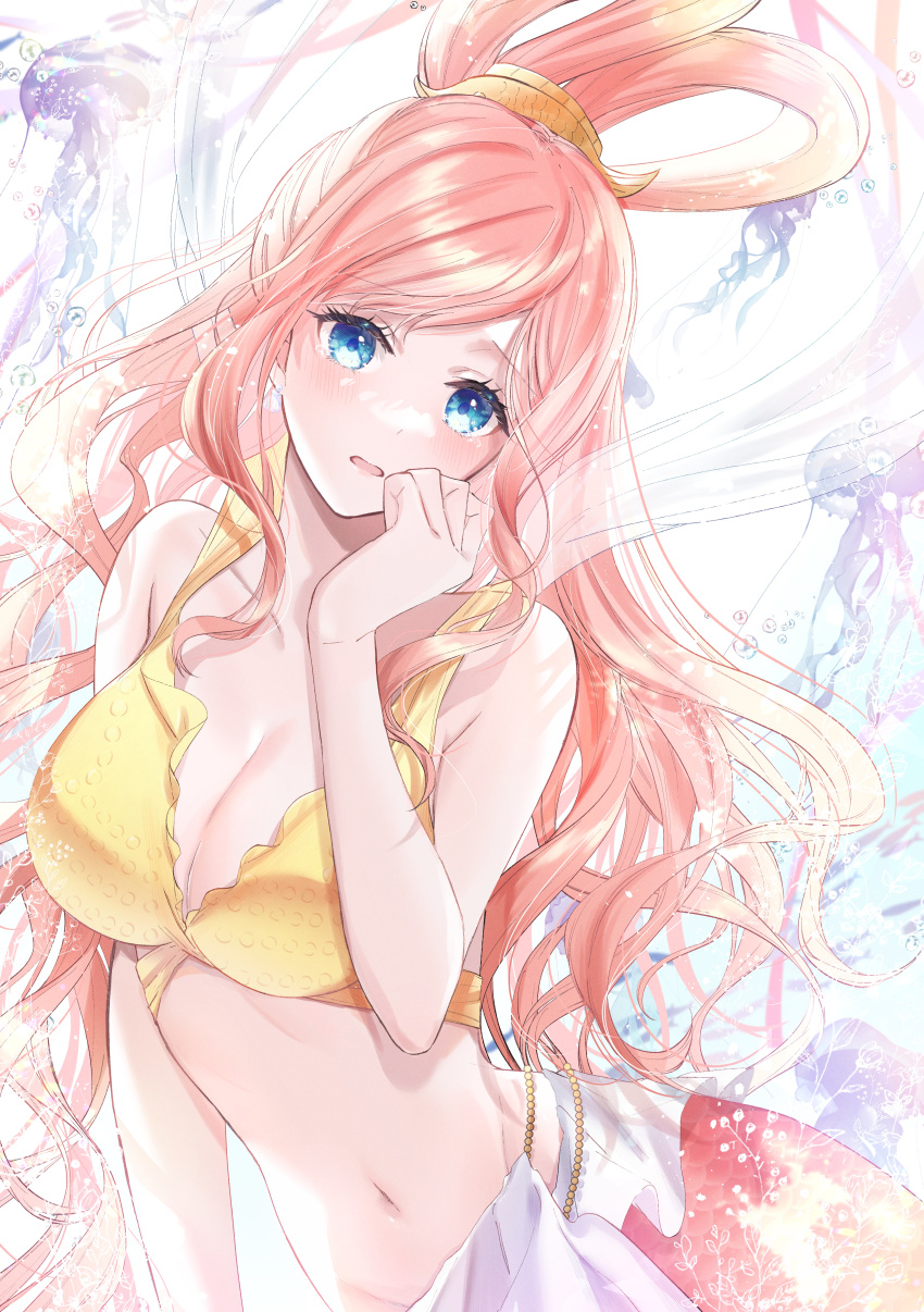 1girl absurdres bare_arms bikini bikini_top_only blue_eyes breasts cleavage collarbone groin highres large_breasts long_hair looking_at_viewer mairu003 mermaid monster_girl navel one_piece open_mouth pink_hair sash shiny shiny_hair shirahoshi solo stomach swimsuit updo very_long_hair yellow_bikini