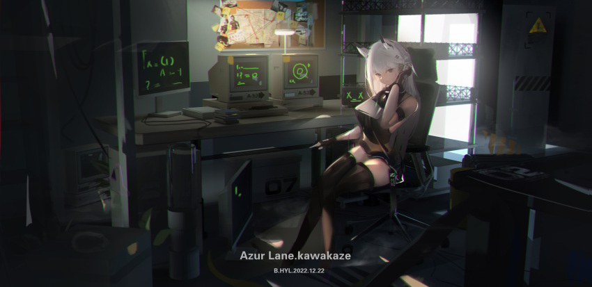 1girl absurdres alternate_breast_size alternate_costume azur_lane black_shirt black_thighhighs breasts character_name full_body hand_in_own_hair highres indoors kawakaze_(azur_lane) large_breasts long_hair monitor shirt sleeveless solo thighhighs white_hair xuechu