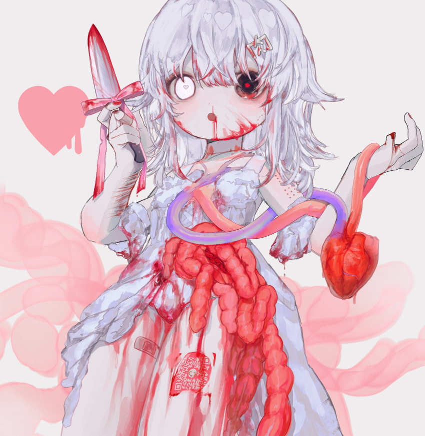 1girl bandaid bandaid_on_hand bandaid_on_thigh black_eyes blood blood_from_mouth blood_in_hair blood_on_clothes blood_on_face blood_on_knife blood_on_panties cowboy_shot dress entrails grey_background guro hair_ornament heart heart-shaped_pupils heart_(organ) heterochromia highres holding holding_knife injury kanji_hair_ornament knife looking_at_viewer medium_hair mercure_1104 missing_finger open_mouth organs original panties pink_ribbon qr_code ribbon scar solo symbol-shaped_pupils translated underwear vaccine_scar veins white_dress white_eyes white_hair white_panties wrist_cutting