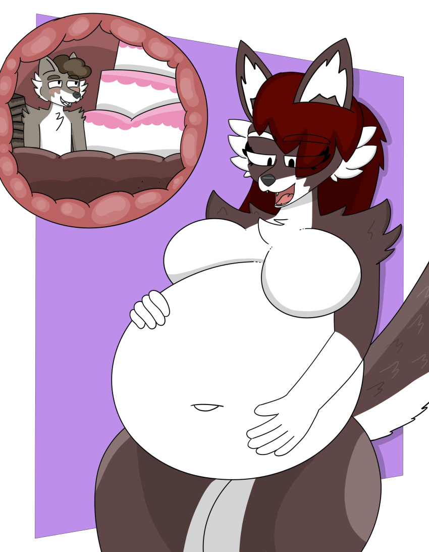 abdominal_bulge absurd_res anthro belly big_belly big_breasts big_butt breasts butt canid canine canis cherry_(moltai) duo female female_pred hi_res larger_pred male male/female male_prey mammal moltai oral_vore stuffing tai_(moltai) vore wide_hips wolf