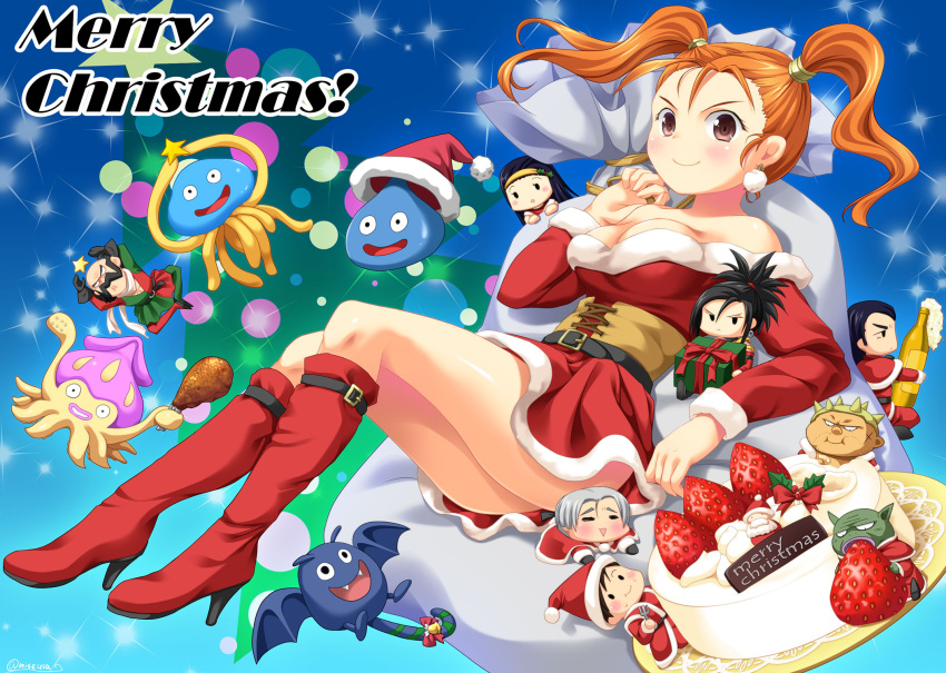 breasts brown_eyes christmas christmas_tree closed_mouth dragon_quest dragon_quest_viii dress earrings hero_(dq8) highres jessica_albert jewelry kukuru_(dq8) long_hair looking_at_viewer medea merry_christmas multiple_boys multiple_girls nise_(nisej) orange_hair red_(dq8) slime_(dragon_quest) smile twintails yangus