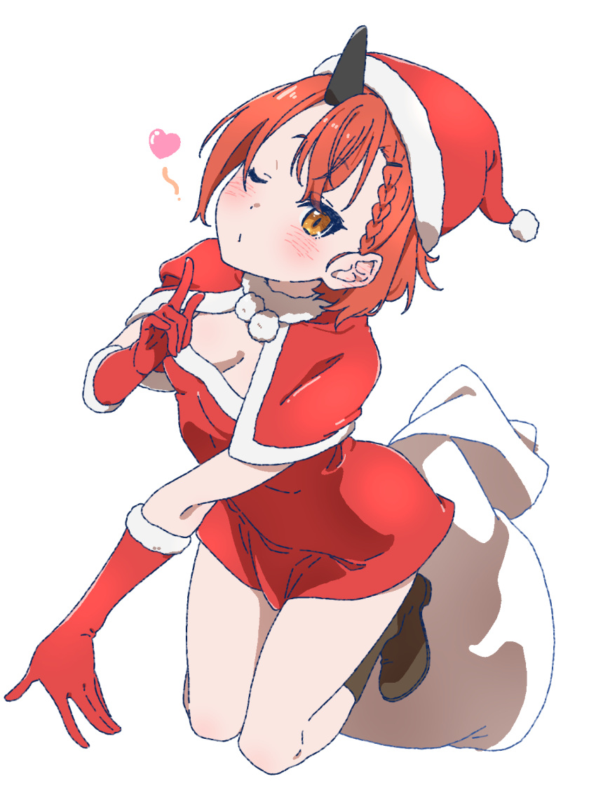 1girl bangs black_horns blowing_kiss boots braid breasts brown_footwear capelet christmas cleavage crown_braid dress gloves hat heart highres horns indie_virtual_youtuber kurumi_sarari long_bangs looking_at_viewer matatabeat one_eye_closed red_capelet red_dress red_gloves red_hair red_headwear sack santa_dress santa_gloves santa_hat short_dress short_hair simple_background single_horn small_breasts solo virtual_youtuber white_background yellow_eyes