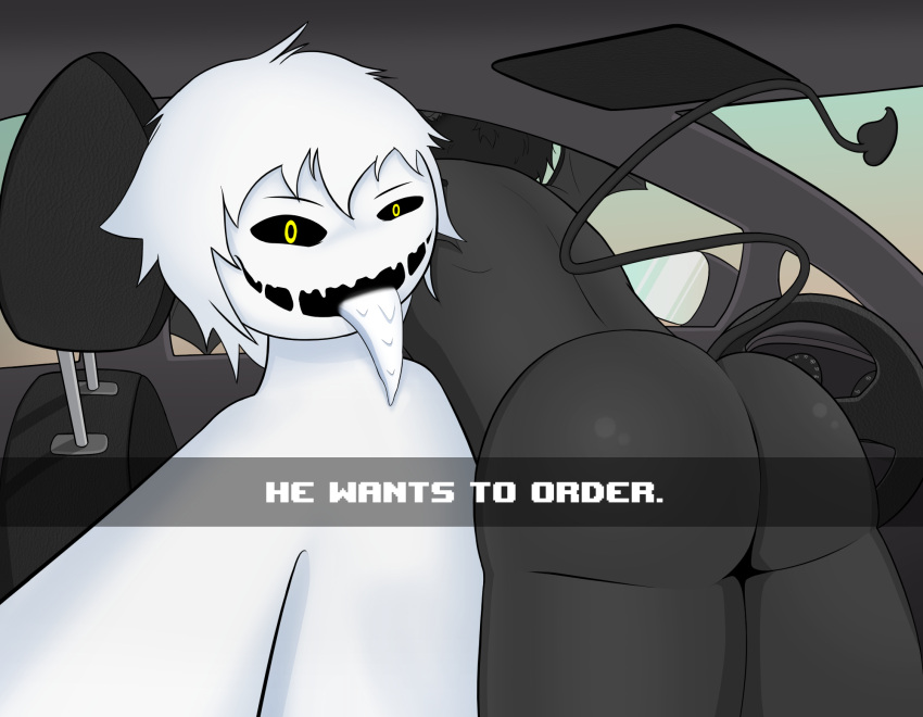 anthro azazel_(tboi) bat_wings bent_over big_butt black_body black_hair black_sclera butt caption car delirio delirium_(tboi) demon drive-thru duo eyebrows goo_creature hair he_wants_to_order hi_res humanoid humor looking_at_viewer male male/male membrane_(anatomy) membranous_wings meme not_furry nude raised_tail selfie text the_binding_of_isaac_(series) thick_thighs tongue tongue_out vehicle video_games white_body white_hair wings yellow_eyes