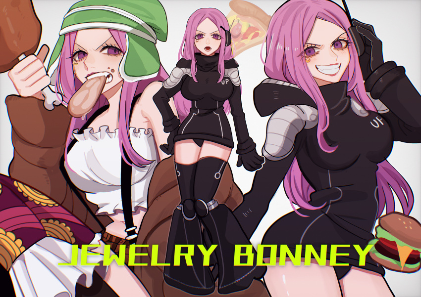 1girl absurdres anti-eyebrow_piercing character_name eating eyelid_piercing food grey_background grin highres jewelry_bonney lipstick long_hair makeup meat one_piece piercing pink_hair pizza purple_eyes smile