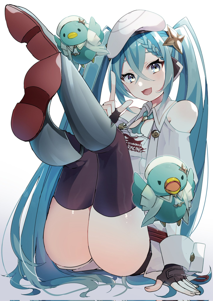 1girl belt beret blue_hair braid collar commentary fingerless_gloves gloves goodsmile_company goodsmile_racing hair_between_eyes hair_ornament hat hatsune_miku highres index_finger_raised kusunokimizuha medium_hair micro_shorts racing_miku racing_miku_(2023) ribbon shorts sideless_outfit simple_background star_(symbol) thighhighs twintails vocaloid white_headwear wrist_cuffs