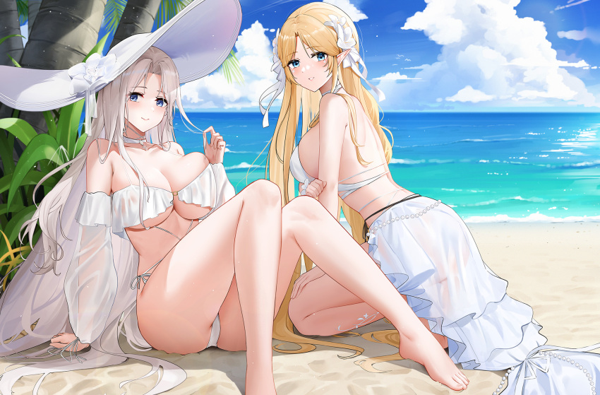 2girls azur_lane beach bikini blonde_hair blue_sky breasts brest_(azur_lane) brest_(marine_muse)_(azur_lane) full_body hat highres large_breasts multiple_girls qing_wu sky sun_hat swimsuit thighs