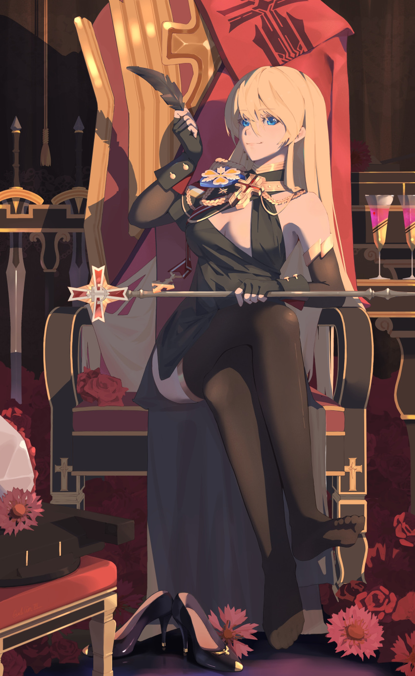 1girl absurdres aiguillette asymmetrical_clothes asymmetrical_dress azur_lane bismarck_(azur_lane) bismarck_(beacon_of_the_iron_blood)_(azur_lane) bismarck_(coat_of_arms) black_dress black_feathers black_footwear black_gloves black_thighhighs blonde_hair blue_eyes breasts cleavage crossed_legs dress epaulettes evening_gown feathers fingerless_gloves full_body gloves goblin003 high_heels highres holding holding_feather holding_scepter iron_blood_(emblem) long_hair medium_breasts official_alternate_costume scepter shoes shoulder_cape single_epaulette sitting soles solo sword thighhighs throne weapon