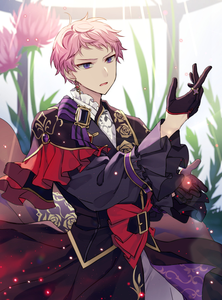 1boy bangs belt belt_buckle black_belt black_capelet black_coat black_gloves brooch buckle capelet coat commentary cowboy_shot earrings ensemble_stars! floral_print flower frilled_capelet frilled_shirt_collar frilled_sleeves frills gloves half_gloves hand_up highres itsuki_shu jewelry kaminokefusa light_particles looking_ahead male_focus open_mouth oversized_flower pants pink_flower pink_hair purple_eyes ring rose_print shirt short_hair solo white_pants white_shirt