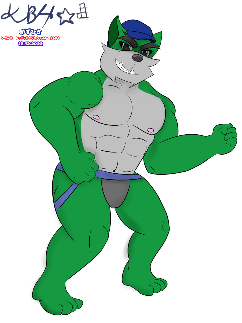 2022 absurd_res anthro black_eyebrows black_eyes blue_cap clothing dasyurid dasyuromorph eyebrows fur green_body green_fur hi_res jockstrap kbh_yeen male mammal marsupial muscular muscular_male richard_devil solo tasmanian_devil underwear