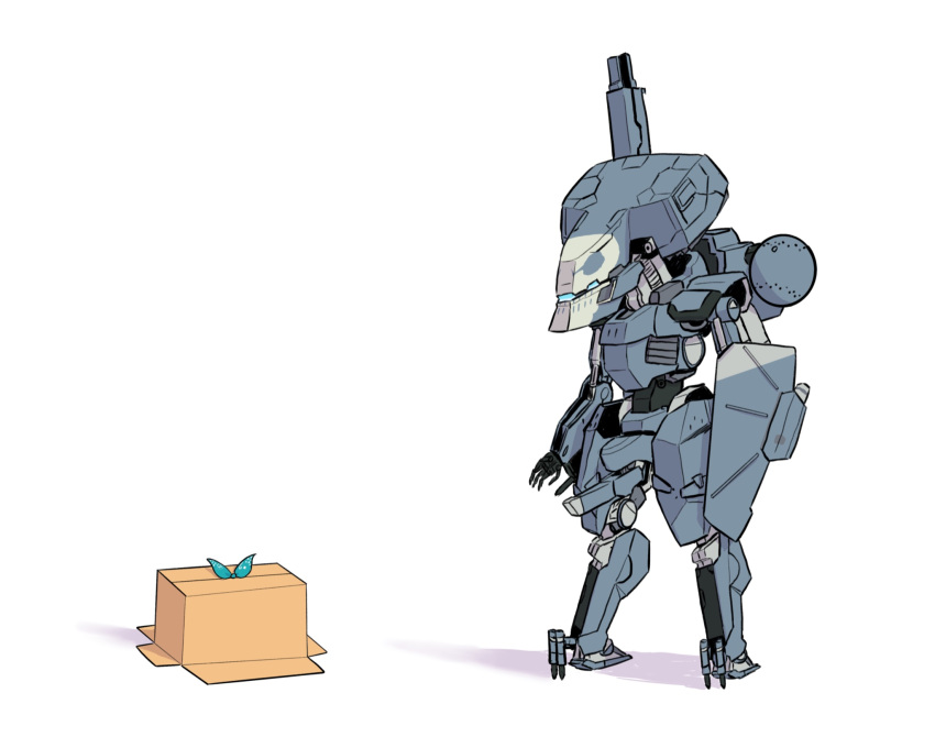 box cardboard_box green_ribbon highres mecha metal_gear_(robot) metal_gear_(series) metal_gear_sahelanthropus metal_gear_solid_v:_the_phantom_pain nijisanji nijisanji_en no_humans pomu_rainpuff ribbon robot science_fiction shadow simple_background standing virtual_youtuber voldox white_background