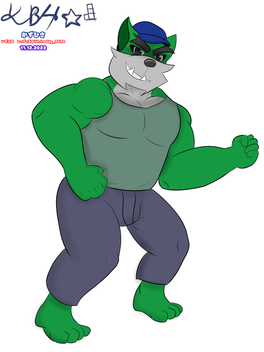 2022 absurd_res anthro black_eyebrows black_eyes blue_cap dasyurid dasyuromorph eyebrows fur green_body green_fur hi_res kbh_yeen male mammal marsupial muscular muscular_male richard_devil solo tasmanian_devil