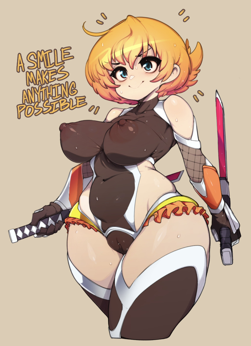 1girl absurdres blue_eyes bodystocking breasts brown_background brown_thighhighs closed_mouth commentary covered_nipples english_commentary english_text highres holding holding_sword holding_weapon igawa_sakura large_breasts nipples orange_hair short_hair simple_background slugbox smile solo sweat sword taimanin_(series) thighhighs thighs weapon