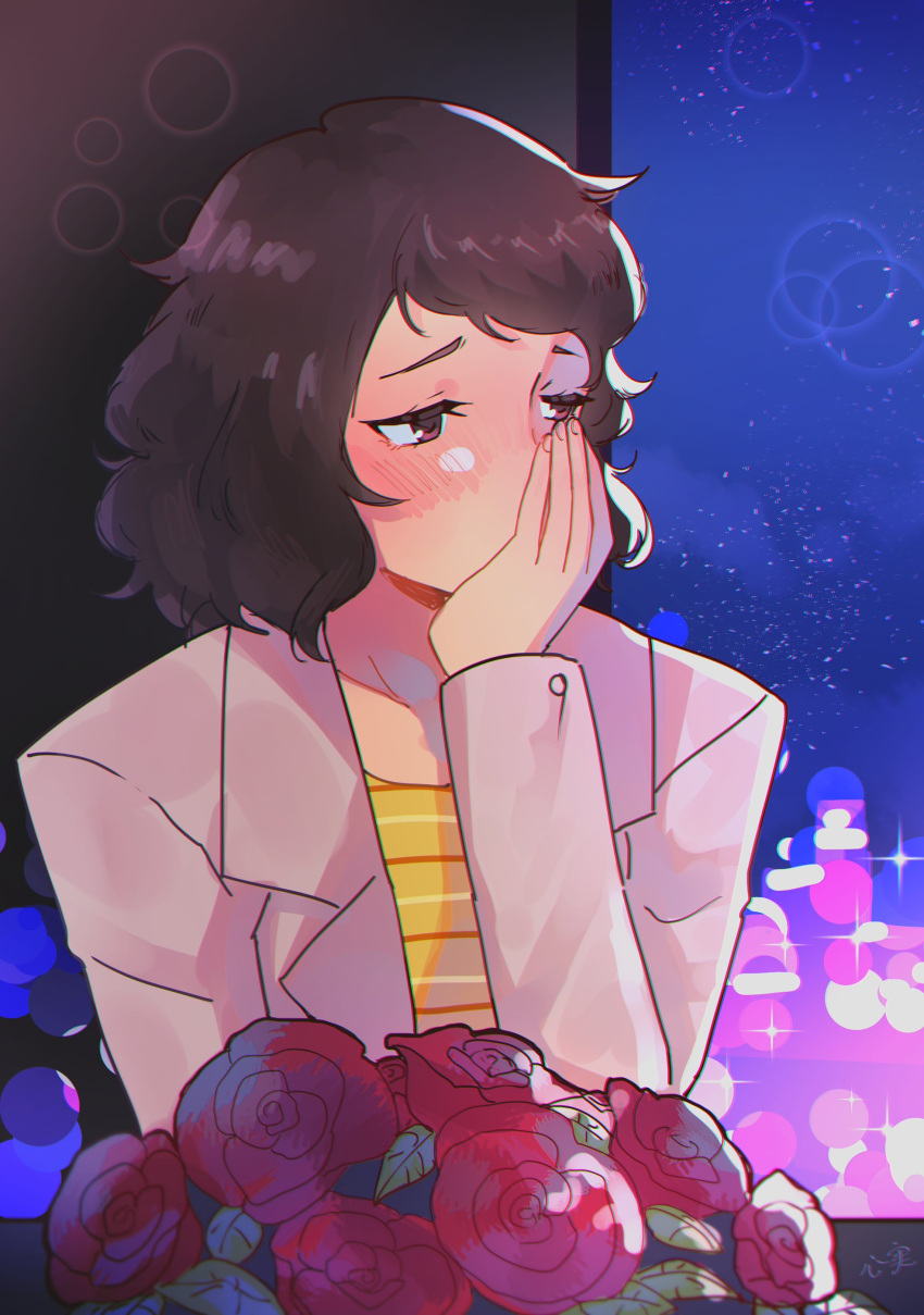 1girl absurdres black_hair blazer blurry blush bokeh bouquet brown_eyes covering_mouth depth_of_field flower furrowed_brow hand_up highres jacket kawakami_sadayo kokomi_(aniesuakkaman) lapels looking_away medium_hair night persona persona_5 pov red_flower red_rose rose shirt sky star_(sky) starry_sky striped striped_shirt white_day yellow_shirt