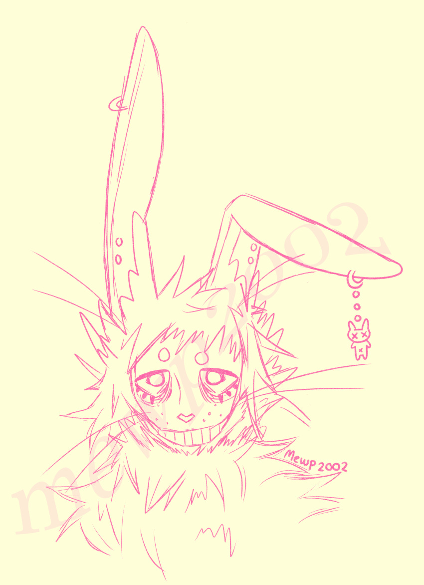 &lt;3 absurd_res angora_rabbit anthro bangs chi_(mewp2002) circle_eyebrows dark_circles dewlap_(anatomy) domestic_rabbit droopy_eyes ear_piercing eye_bags eyebrows eyelashes floppy_ears fluffy fluffy_chest fluffy_ears fluffy_hair fur hair half-lidded_eyes heart_nose herm hi_res intersex lagomorph leporid line_art long_ears long_fur mammal markings messy_fur messy_hair mewp mewp2002 neck_tuft oryctolagus permagrin permasmile piercing pink_body pink_eyes pink_hair rabbit simple_background sketch smile solo teeth teeth_showing teeth_visible tired_eyes tuft whisker_markings whiskers