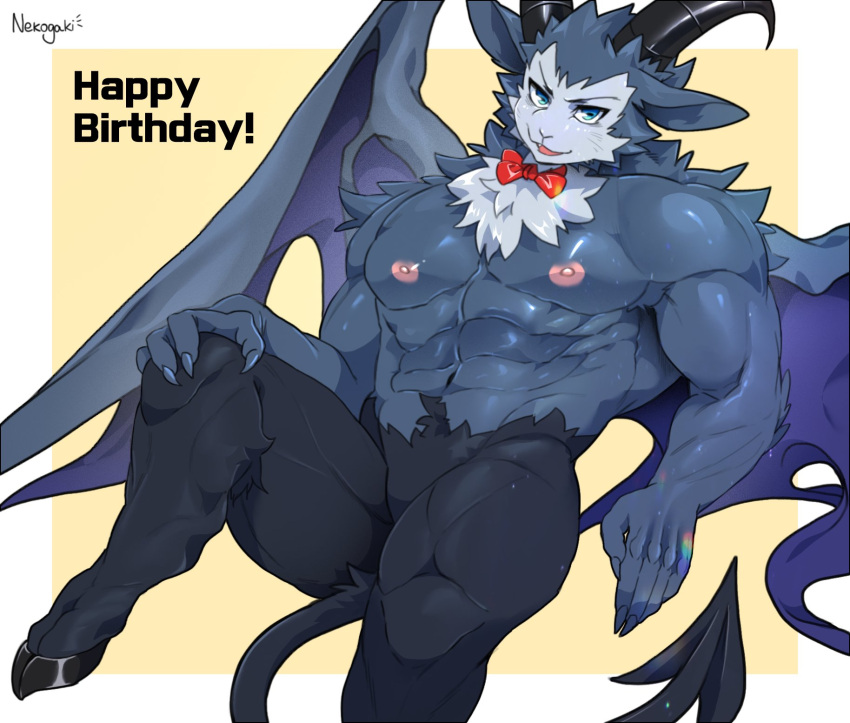 abs anthro barazoku big_muscles blue_eyes bovid bow_tie caprine caprine_demon cloven_hooves curved_horn demon featureless_crotch fur goat_demon grey_body grey_fur happy_birthday hi_res hooves horn looking_at_viewer male mammal membrane_(anatomy) membranous_wings muscular muscular_anthro nekogaki0324 nipples nude obliques pecs solo spade_tail wings