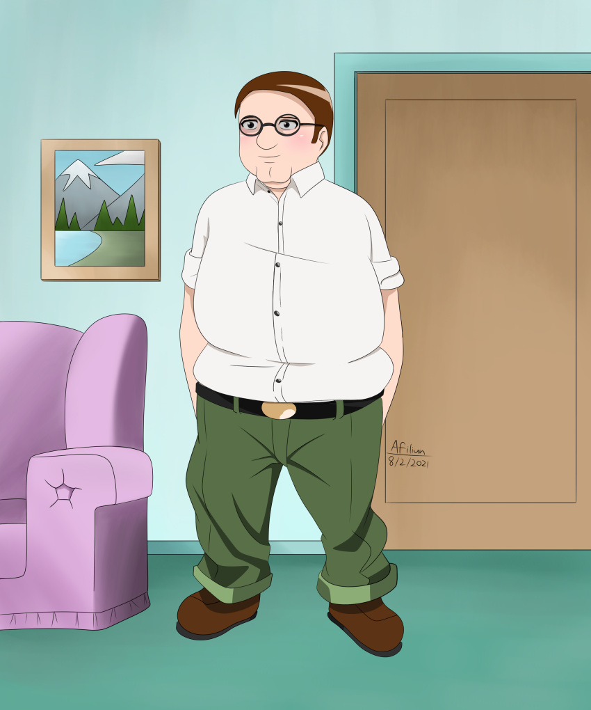 1boy absurdres afiliun animification belt brown_footwear buttons closed_mouth collared_shirt couch door double_chin family_guy fat glasses green_pants hands_in_pockets highres pants peter_griffin shirt shirt_tucked_in standing white_shirt