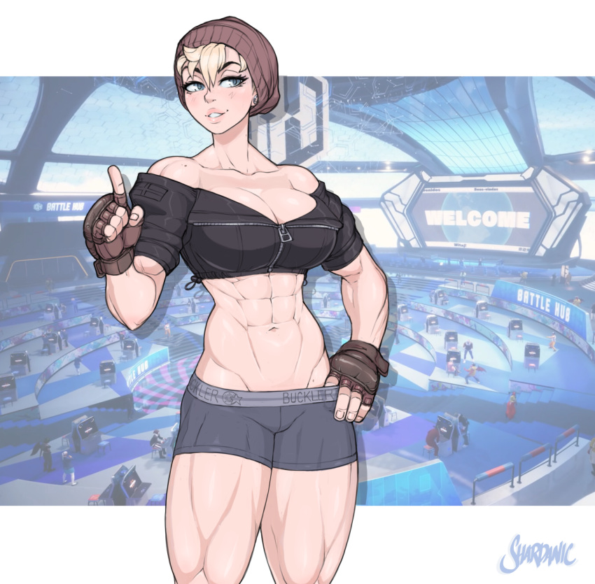 abs beanie blonde_hair breasts capcom cleavage earrings fingerless_gloves gloves grey_eyes hand_on_hip hat highres jewelry muscular muscular_female original pointing pointing_up shardanic short_hair shorts street_fighter street_fighter_6 thick_thighs thighs
