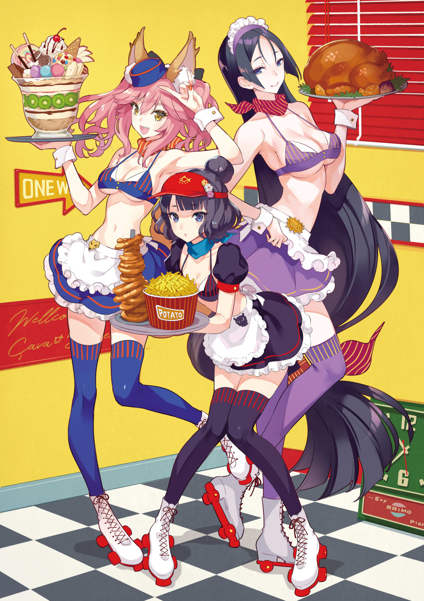 3girls :d \m/ absurdres animal_ears apron armpits bare_shoulders bikini black_hair black_thighhighs blue_bikini blue_eyes blue_thighhighs braid breasts brown_eyes chicken_(food) cleavage fate/extra fate/grand_order fate_(series) food fox_ears french_braid hair_bun hand_on_hip highres katsushika_hokusai_(fate) knees_together_feet_apart long_hair looking_at_viewer maid_headdress minamoto_no_raikou_(fate) multiple_girls navel nishimura_eri onion_rings open_mouth parfait pink_hair purple_bikini purple_eyes purple_hair red_nails roller_skates scarf single_hair_bun skates skirt smile swimsuit tamamo_(fate) thighhighs tray twintails very_long_hair visor_cap wrist_cuffs