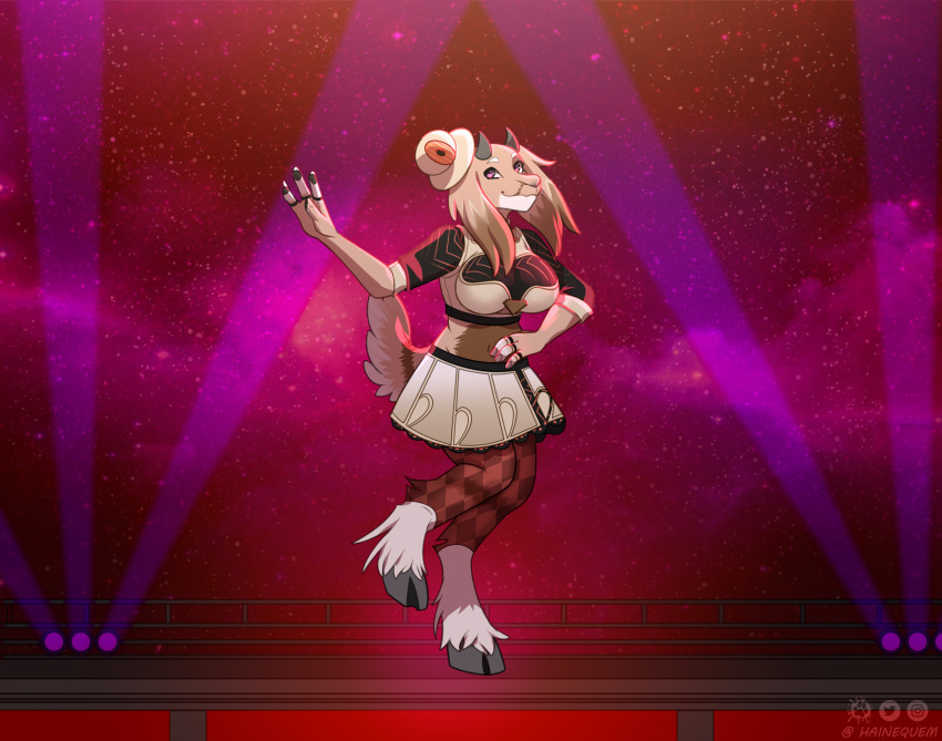 2022 4_fingers anthro bird_dog bottomwear bovid breasts canid canine canis caprine clothing cocker_spaniel cosplay crop_top digital_media_(artwork) domestic_dog eyebrows female fingers floppy_ears goat hainequem hat headgear headwear hi_res horn hunting_dog hybrid legwear mammal meiko_(vocaloid) on_one_leg project_diva purple_eyes sally_hazel shirt skirt solo spaniel stage stage_lights standing stockings topwear vocaloid