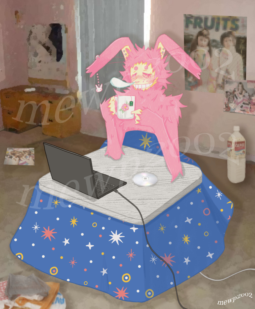 &lt;3 2000s absurd_res angora_rabbit anthro arm_tuft bangs bedding bedroom beverage blanket blush blush_lines bodily_fluids bubble cheek_tuft chi_(mewp2002) circle_eyebrows computer cozy cutesy detailed_background dewlap_(anatomy) digital_drawing_(artwork) digital_media_(artwork) doll domestic_rabbit ear_piercing ear_ring ear_tuft ears_down eggmagazine elbow_tuft eyebrows eyelashes eyes_closed facial_tuft femcel floppy_ears fluffy fluffy_hair fruitsmagazine fur furniture grunge hair heart_nose herm hi_res hikikomori humanoid_hands inner_ear_fluff intersex japan japanese jewelry kotatsu lagomorph laptop leporid liminal_spaces magazine mammal markings messy_fur messy_hair messy_room mewp mewp2002 neck_tuft neet oryctolagus otaku permagrin permanent_smile permasmile piercing pink_body pink_eyes pink_fur pink_hair pivoted_ears rabbit relaxed_expression ring_piercing rodent shaded shoulder_tuft sleeping smile snot snot_bubble solo table tan_face tan_hands tan_inner_ear tea teeth teeth_showing teeth_visible tired toothy_grin toy tuft watermark whisker_markings whiskers wire wrist_tuft