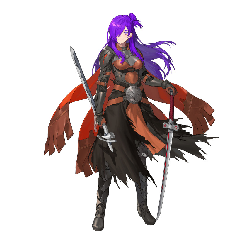1girl armor armored_boots bangs belt boots breastplate breasts cape closed_mouth commentary_request fire_emblem fire_emblem:_three_houses fire_emblem_heroes fire_emblem_warriors:_three_hopes full_body gauntlets hair_over_one_eye highres holding holding_weapon long_hair looking_at_viewer medium_breasts multiple_belts noy official_art pelvic_curtain purple_eyes purple_hair reverse_grip shez_(fire_emblem) shez_(fire_emblem)_(female) shiny shiny_hair simple_background smile solo standing sword weapon white_background