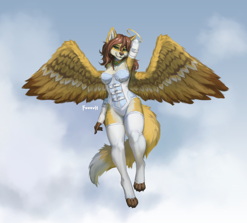 2022 angel anthro armwear biped breasts brown_hair canid canine clothing digital_media_(artwork) elbow_gloves feathered_wings feathers female flying fox foxovh fur gloves hair handwear legwear mammal solo thigh_highs white_body white_clothing white_fur white_legwear white_thigh_highs wings yellow_body yellow_fur