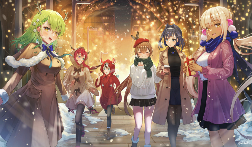 6+girls absurdres antlers bangs bare_tree beret black_hair black_pantyhose black_skirt black_thighhighs blue_eyes blue_hair box brown_coat brown_dress brown_hair capelet cardigan ceres_fauna closed_eyes coat cup dress dvdarts ears_through_headwear flower fur-trimmed_capelet fur_trim green_hair green_scarf hair_flower hair_intakes hair_ornament hairband hakos_baelz hat heterochromia high-waist_skirt highres holding holding_another's_arm holding_box holding_cup holocouncil hololive hololive_english hood hood_up hoodie irys_(hololive) long_hair long_sleeves looking_at_another looking_at_viewer miniskirt multicolored_hair multiple_girls nanashi_mumei open_cardigan open_clothes open_coat open_mouth ouro_kronii outdoors pantyhose parted_lips pink_cardigan purple_eyes red_hair scarf skirt snow streaked_hair thighhighs tree tsukumo_sana white_hair white_hoodie yellow_eyes