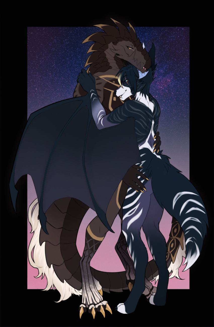 absurd_res anthro bat coldesthands crocodile crocodilian crocodylid duo embrace female hi_res hug hybrid male male/female mammal nyra_(knull) penumbra_(luhhdan) reptile scalie