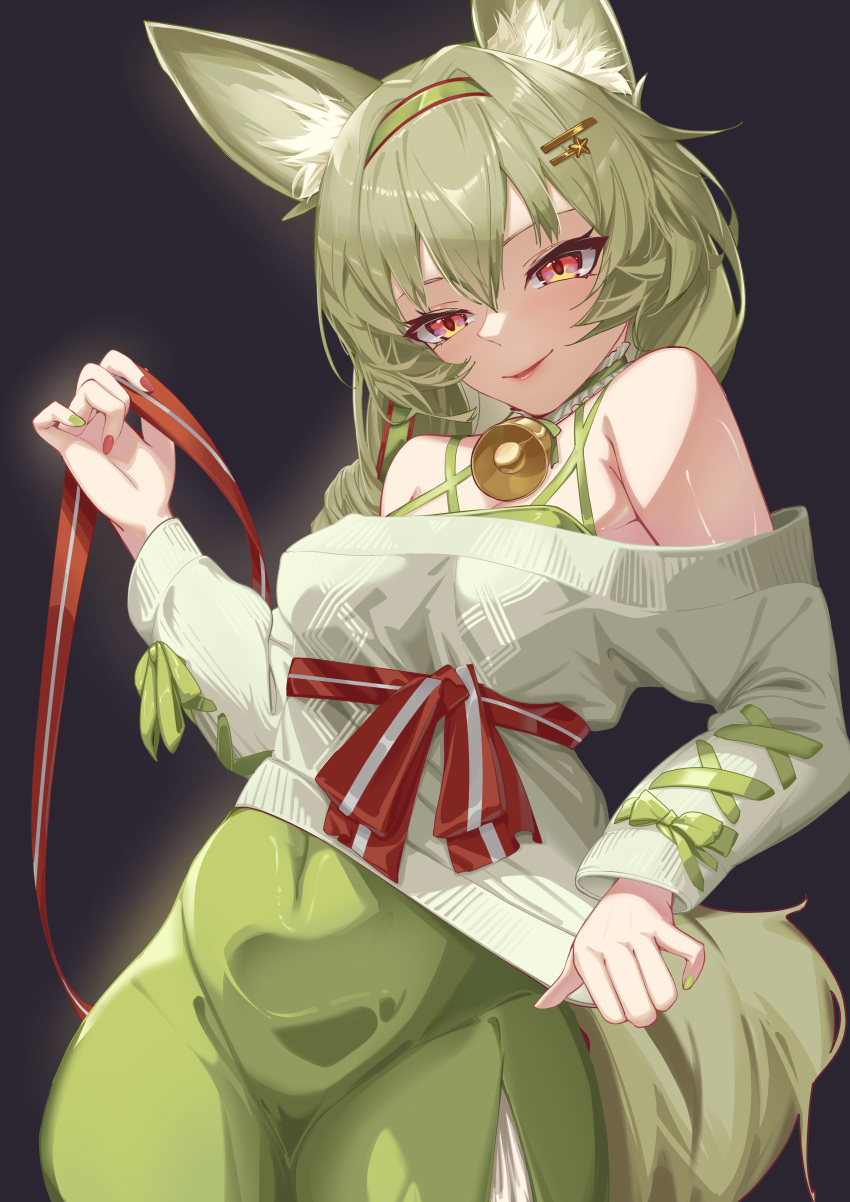 1girl absurdres aquarius_cat arknights bare_shoulders beanstalk_(arknights) beanstalk_(gift_uncompleted)_(arknights) bell cropped_sweater dress green_dress green_hair green_hairband green_ribbon hair_ornament hairband hairclip highres holding holding_ribbon hyena_ears hyena_girl neck_bell neck_garter off-shoulder_sweater off_shoulder official_alternate_costume ribbon striped striped_hairband sweater two-tone_nails white_sweater