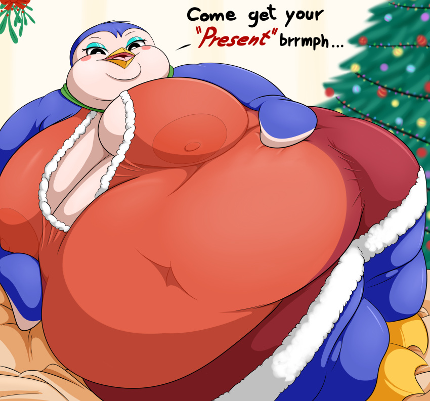 absurd_res animal_crossing anthro avian beak belly big_belly big_breasts bird blush breasts christmas christmas_clothing christmas_tree clothed clothing deep_navel digital_media_(artwork) english_text female flippers friga_(animal_crossing) grandpaced half-closed_eyes hand_on_stomach hi_res holidays huge_breasts lingerie looking_at_viewer lying makeup membrane_(anatomy) mistletoe multicolored_body narrowed_eyes navel nintendo nipples obese obese_anthro obese_female on_side open_mouth overweight overweight_anthro overweight_female penguin plant scarf seductive simple_background smile solo text thick_thighs translucent translucent_clothing tree video_games webbed_feet wide_hips