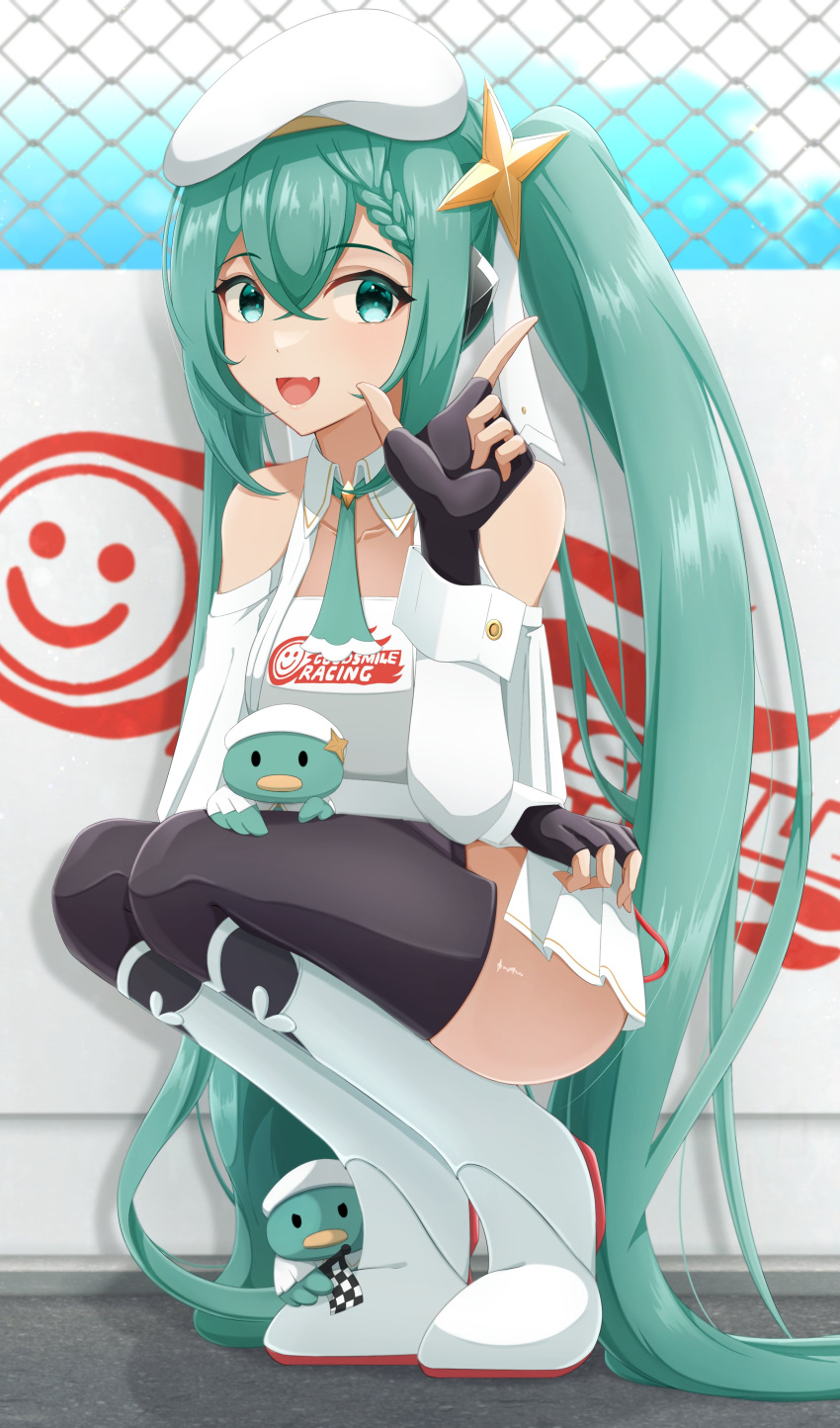 1girl absurdres belt beret blue_hair braid collar commentary fingerless_gloves gloves goodsmile_company goodsmile_racing hair_between_eyes hair_ornament hat hatsune_miku highres index_finger_raised medium_hair micro_shorts nagi_clip racing_miku racing_miku_(2023) ribbon shorts sideless_outfit simple_background star_(symbol) thighhighs twintails vocaloid white_headwear wrist_cuffs