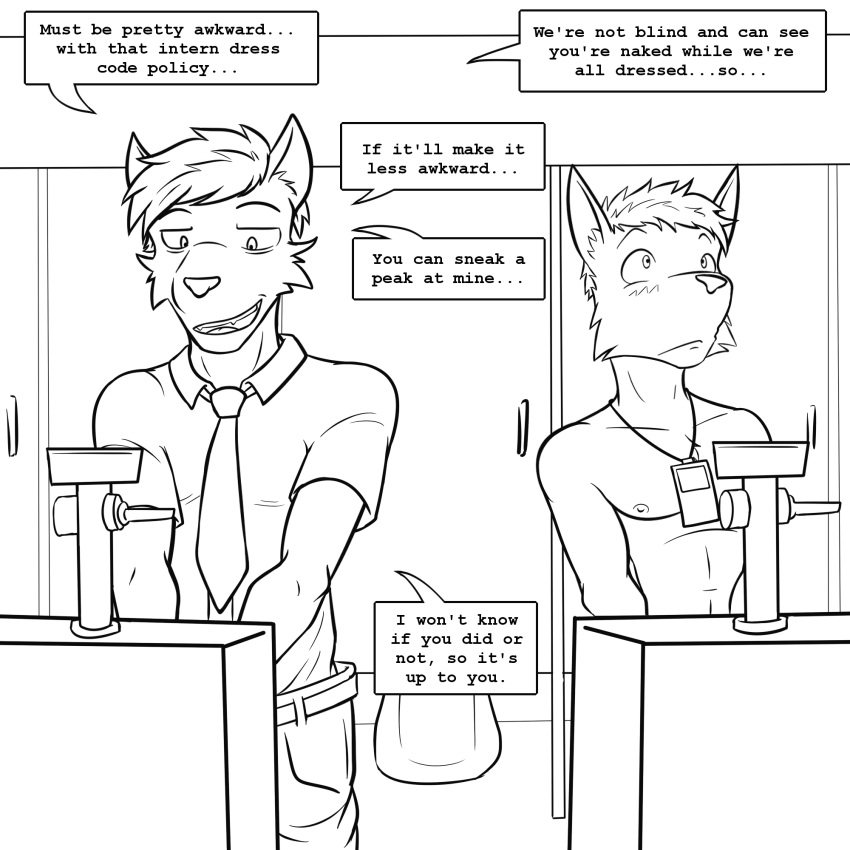 anthro black_and_white blush bottomwear clothed clothed/nude clothed_male_nude_male clothing collared_shirt comic dialogue duo embarrassed english_text fully_clothed fuze hi_res lanyard looking_away male mammal monochrome necktie nude pants text urinal