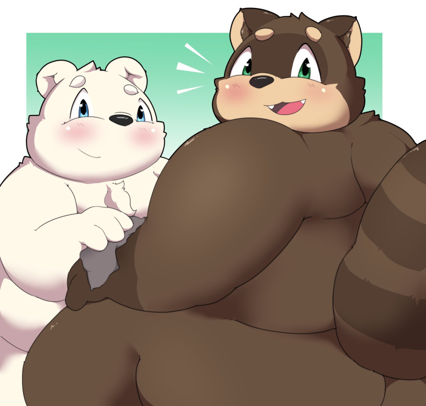 2022 anthro bear blush brown_body canid canine duo green_eyes hi_res kemono kusosensei male mammal overweight overweight_male polar_bear raccoon_dog shoutaro sitting tanuki ursine white_body