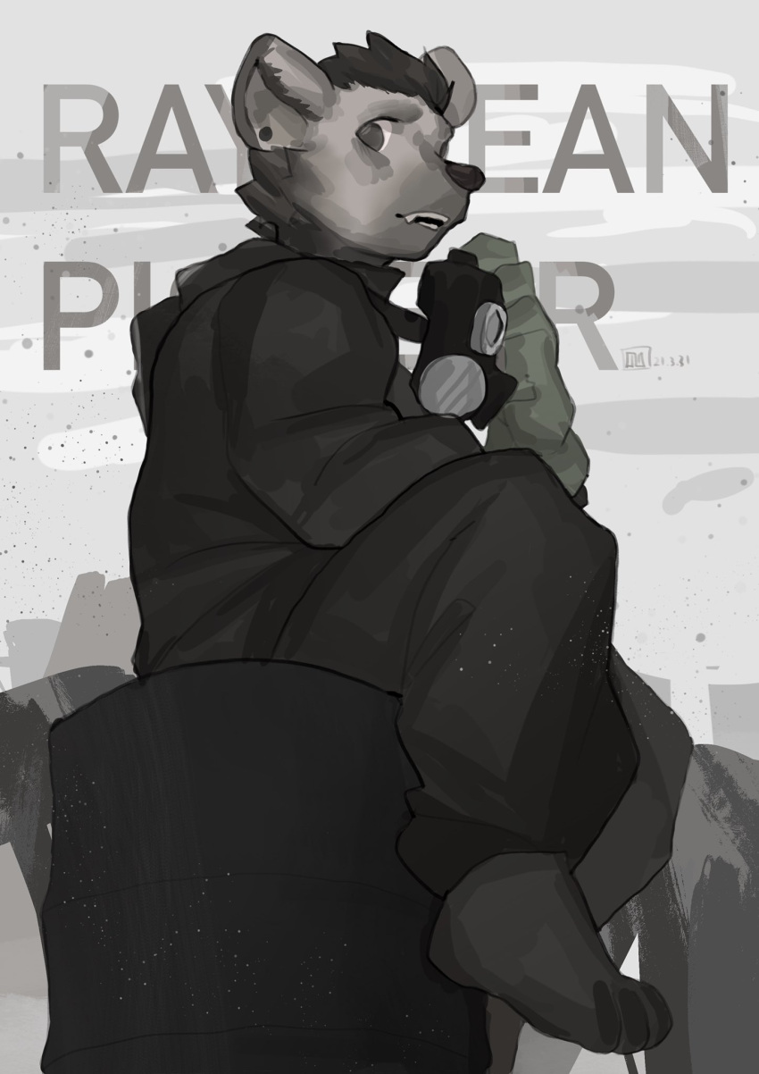 2021 arknights black_clothing black_hair clothed clothing doggyaubrey english_text fully_clothed fur gas_mask gloves grey_body grey_fur hair handwear hi_res hyena hypergryph looking_at_viewer male mammal mask sitting solo spot_(arknights) spotted_hyena studio_montagne text