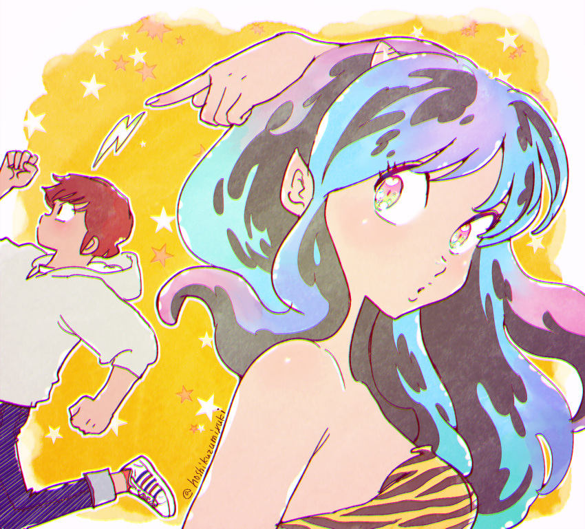 1boy 1girl bikini breasts brown_hair fleeing green_hair heart highres hood hoodie horns lightning_bolt_symbol long_hair lum mapril moroboshi_ataru multicolored_hair oni_horns pointy_ears pouty_lips short_hair star_(symbol) striped striped_bikini swimsuit twitter_username urusei_yatsura white_hoodie yellow_background