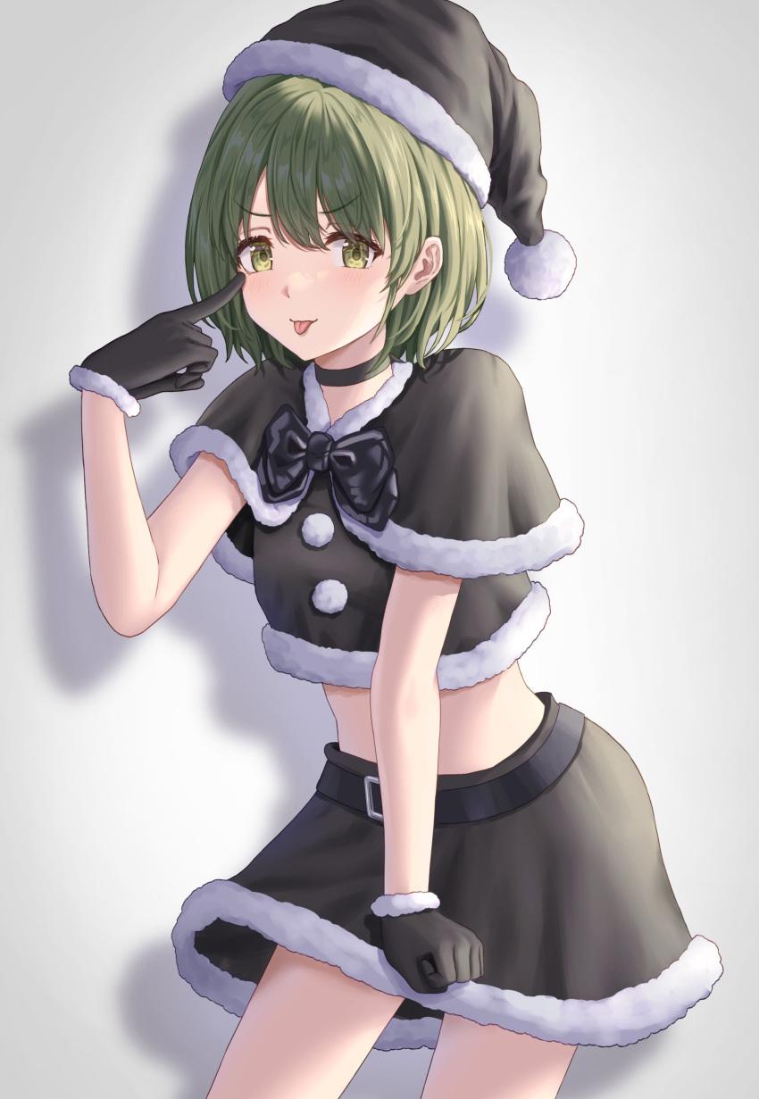 1girl :p akanbe black_capelet black_choker black_gloves black_shirt black_skirt capelet choker crop_top fur-trimmed_capelet fur-trimmed_gloves fur-trimmed_headwear fur-trimmed_shirt fur_trim gloves green_eyes green_hair hat highres idolmaster idolmaster_shiny_colors looking_at_viewer nanakusa_nichika santa_costume santa_hat shadow shirt short_hair simoumi_217 simple_background skirt solo tongue tongue_out white_background