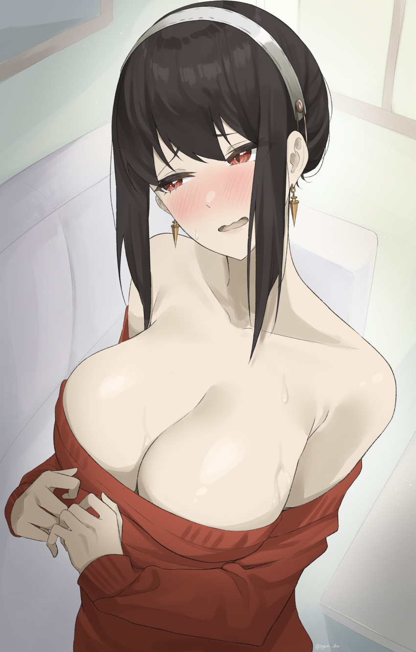 1girl absurdres bare_shoulders black_hair blush breasts byeon_dha cleavage collarbone dress earrings gold_earrings hairband highres jewelry large_breasts off-shoulder_dress off_shoulder own_hands_together parted_lips raised_eyebrows red_eyes red_sweater shy solo spy_x_family sweat sweater sweater_dress upper_body white_hairband yor_briar