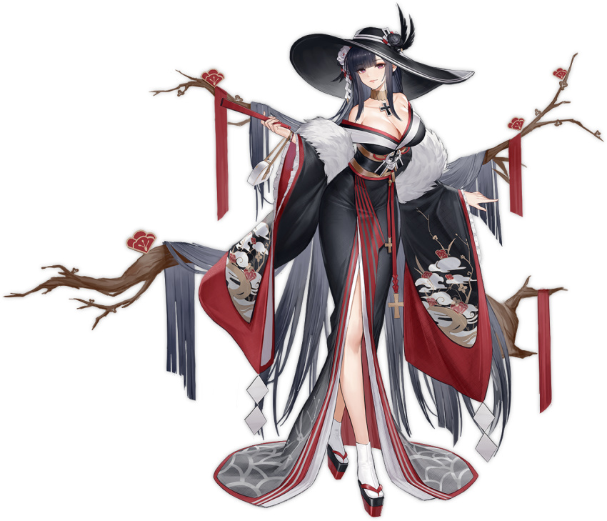 1girl azur_lane bangs bare_shoulders black_hair branch breasts cleavage closed_mouth collarbone cross detached_sleeves faux_figurine flower folded_fan folding_fan full_body fur_trim gujianshaonu hand_fan hat iron_cross japanese_clothes kimono large_breasts lips long_hair looking_at_viewer looking_away obi official_alternate_costume official_art peter_strasser_(azur_lane) peter_strasser_(chronos's_kalendae)_(azur_lane) purple_eyes sandals sash shiny shiny_hair smile solo standing tabi transparent_background very_long_hair wide_sleeves
