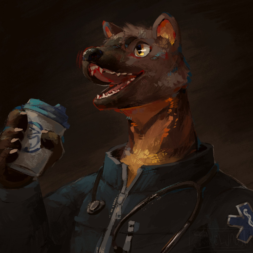 2021 anthro babanasaur beverage black_clothing black_jacket black_nose black_topwear brown_background brown_body brown_fur bust_portrait clothing container cup digital_media_(artwork) fur gulonine hasel hi_res holding_container holding_cup holding_object jacket looking_forward male mammal marten medical_instrument mustelid musteline open_mouth orange_body orange_fur pine_marten portrait rod_of_asclepius scientific_instrument signature simple_background solo star_of_life stethoscope topwear yellow_eyes