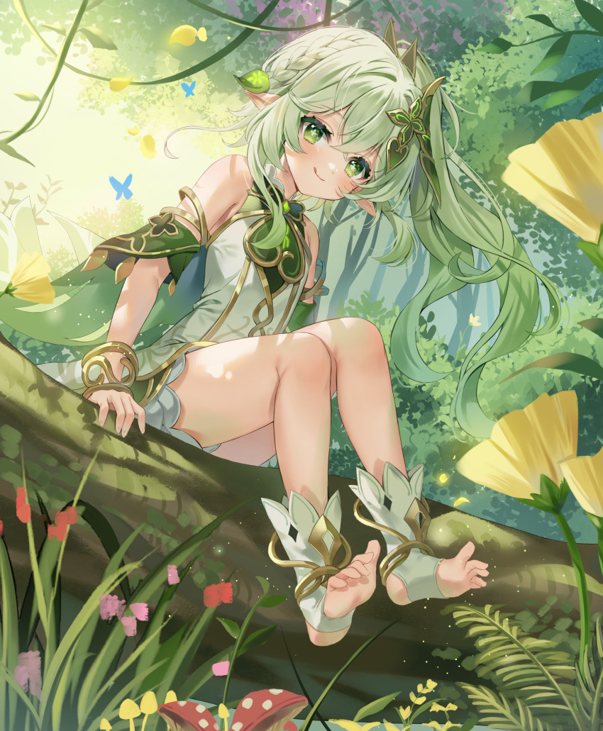 1girl :q absurdres bangs bare_legs bare_shoulders bloomers blue_butterfly bracelet braid bug butterfly cape colored_tips commentary crossed_bangs crown_braid day detached_sleeves dress dutch_angle falling_petals feet floating_hair flower forest from_below full_body gem genshin_impact gold_trim gradient_hair green_cape green_eyes green_gemstone green_hair hair_ornament highres in_tree jewelry leaf leaf_hair_ornament legs long_hair looking_at_viewer multicolored_hair mushroom nahida_(genshin_impact) nature outdoors petals pink_flower plant pointy_ears ranchan12 red_flower short_dress short_sleeves side_ponytail sidelocks sitting sitting_in_tree sleeveless sleeveless_dress socks solo stirrup_legwear thighs toeless_legwear toes tongue tongue_out tree two-tone_dress underwear vines white_bloomers white_hair white_socks yellow_flower