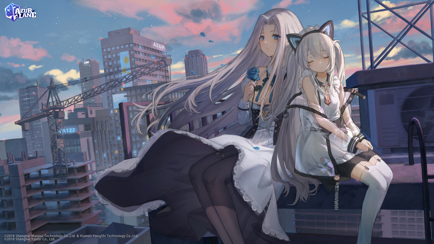 2girls azur_lane bangs bare_shoulders blue_flower blue_rose blue_sky building catzz cityscape closed_eyes closed_mouth cloud copyright_name crane_(machine) dress english_commentary floating_hair flower garter_straps hammann_(azur_lane) hammann_ii_(azur_lane) highres holding holding_flower ladder logo long_hair mixed-language_commentary multiple_girls official_art outdoors pantyhose parted_bangs promotional_art rooftop rose shadow sitting sky skyscraper sleeping sunset thigh_strap thighhighs white_dress white_hair white_thighhighs yorktown_(azur_lane) yorktown_ii_(azur_lane)