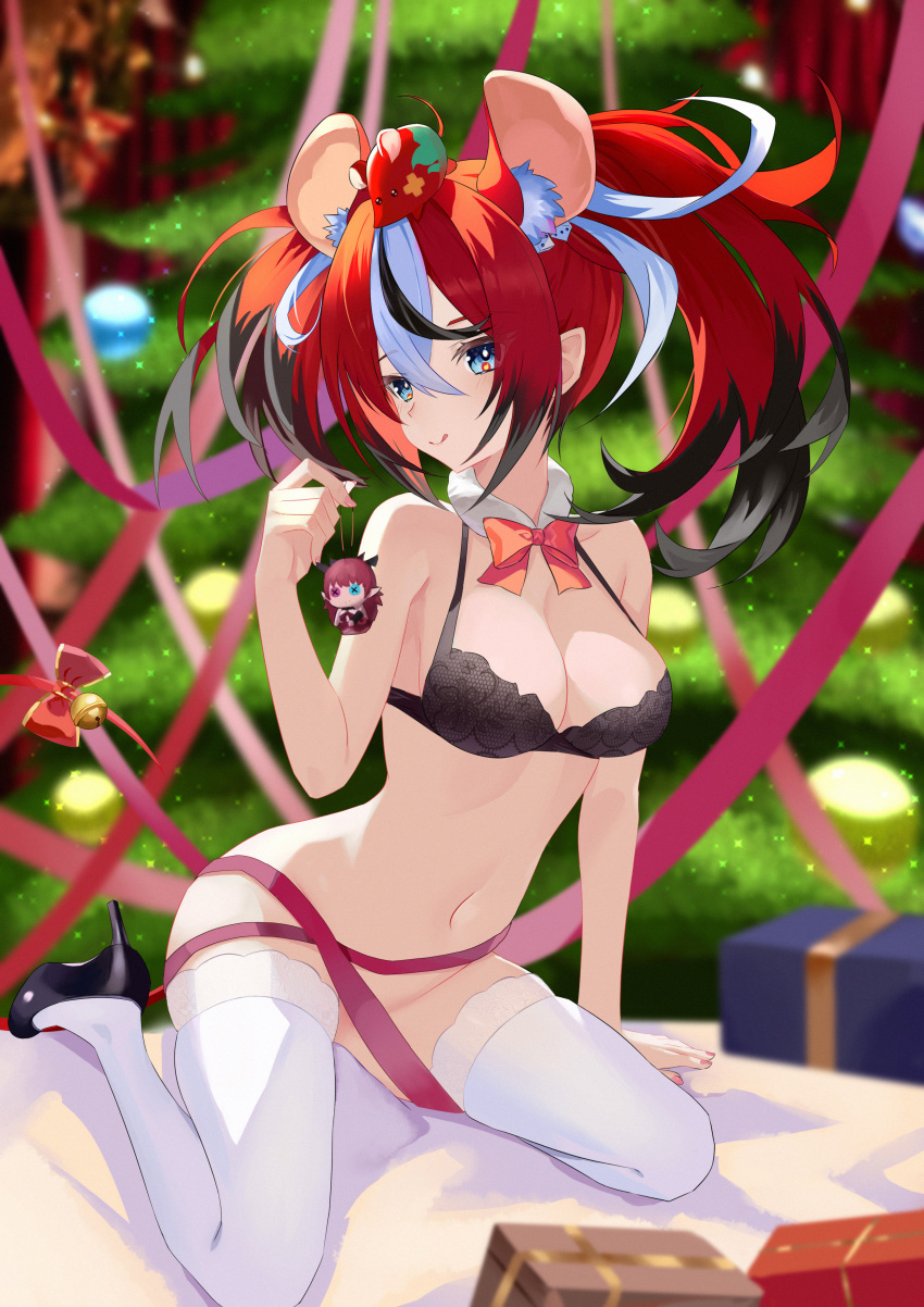 1girl :q absurdres animal_ear_fluff animal_ears arm_support bell black_bra black_hair blue_eyes blurry blurry_background bottomless bow bowtie box bra breasts christmas christmas_tree cleavage closed_mouth detached_collar full_body gift gift_box hakos_baelz hand_up highres holding_charm hololive hololive_english irys_(hololive) jiang_ye_kiri kneeling licking_lips medium_breasts mouse_ears mouse_girl mouse_tail mr._squeaks_(hakos_baelz) multicolored_hair navel orange_bow orange_bowtie red_hair red_ribbon ribbon smile solo stomach streaked_hair tail tail_bell tail_ornament thighhighs tongue tongue_out twintails underwear virtual_youtuber white_hair white_thighhighs