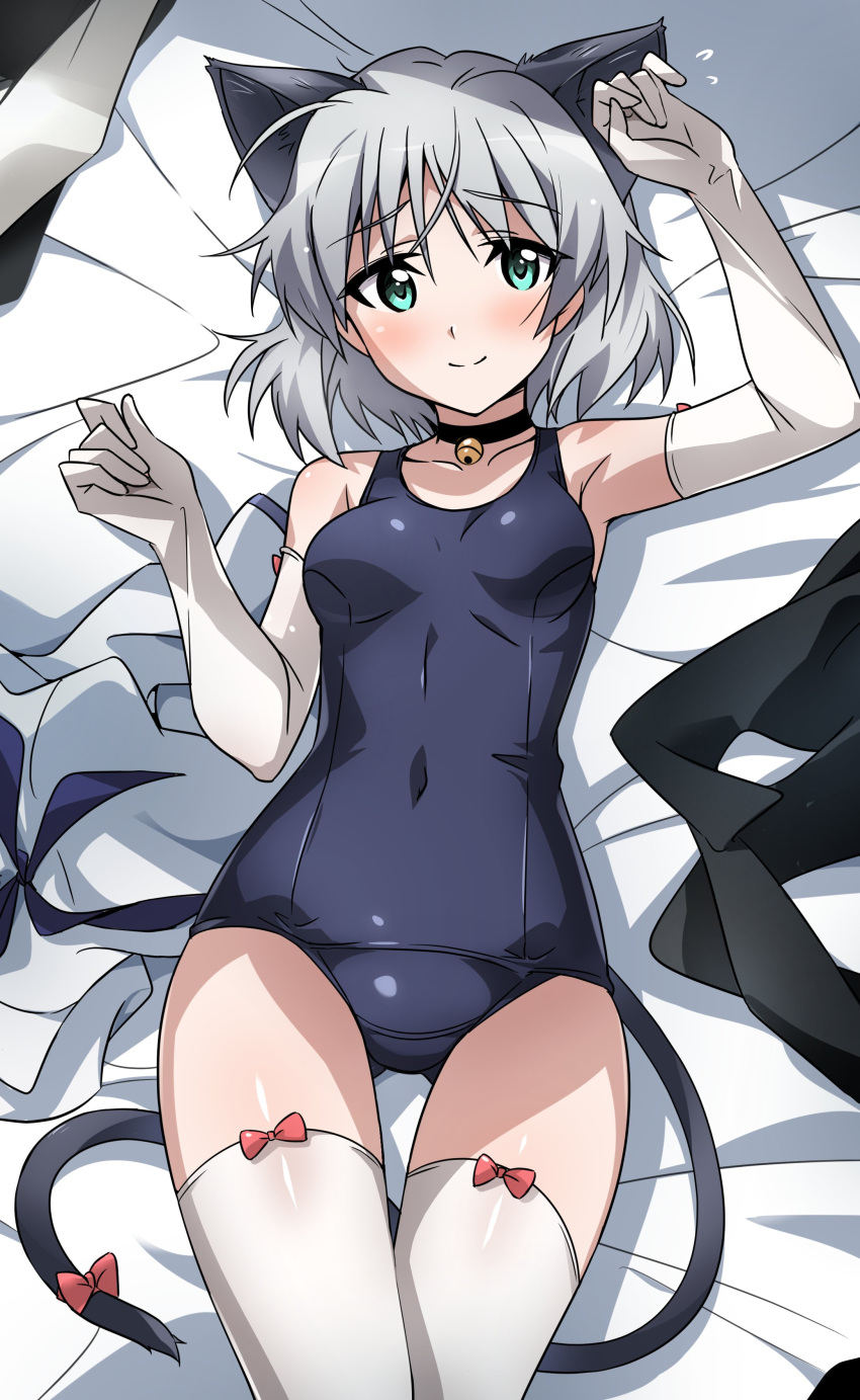 1girl absurdres animal_ears ass_visible_through_thighs black_one-piece_swimsuit breasts cat_ears cat_tail clothes_removed commission cowboy_shot gloves green_eyes grey_hair highres lying old_school_swimsuit one-piece_swimsuit sanya_v._litvyak school_swimsuit short_hair skeb_commission small_breasts solo strike_witches swimsuit tail thighhighs tokiani white_gloves white_thighhighs world_witches_series