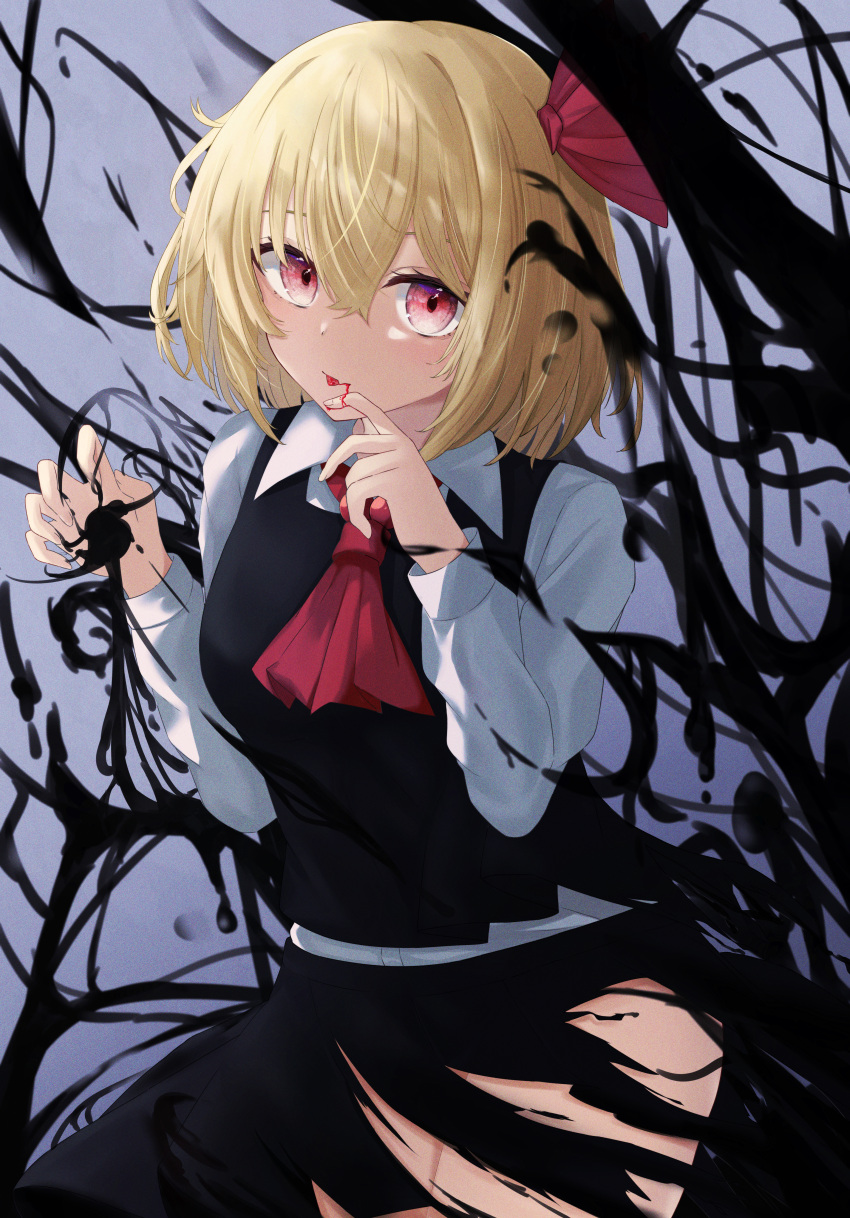 1girl :p absurdres black_skirt black_vest blonde_hair blood closed_mouth collared_shirt commentary cowboy_shot darkness fang fang_out fingernails hair_between_eyes hair_ribbon hands_up highres looking_at_viewer nemuri_namida_rua red_eyes red_ribbon ribbon rumia shirt short_hair skin_fang skirt solo tongue tongue_out torn_clothes torn_skirt touhou vest white_shirt