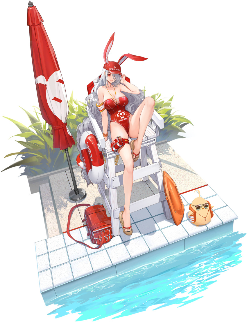 1girl absurdly_long_hair animal_ears azur_lane bare_shoulders baseball_cap beach_umbrella breasts cleavage closed_umbrella collarbone dishwasher1910 doughnut_innertube expressions fake_animal_ears feet flip-flops full_body grey_hair hair_over_one_eye hat highleg highleg_swimsuit highres large_breasts leg_up legs lifebuoy lifeguard lifeguard_chair long_hair looking_at_viewer manjuu_(azur_lane) mole mole_on_body mole_under_eye nail_polish official_alternate_costume official_art one-piece_swimsuit one_eye_covered pool prinz_heinrich_(azur_lane) prinz_heinrich_(rabbit_on_watch)_(azur_lane) promotional_art red_eyes red_headwear red_one-piece_swimsuit sandals solo strapless strapless_swimsuit sunglasses swimsuit thigh_pouch toenail_polish toenails toes transparent_background umbrella very_long_hair water whistle whistle_around_neck white_hair