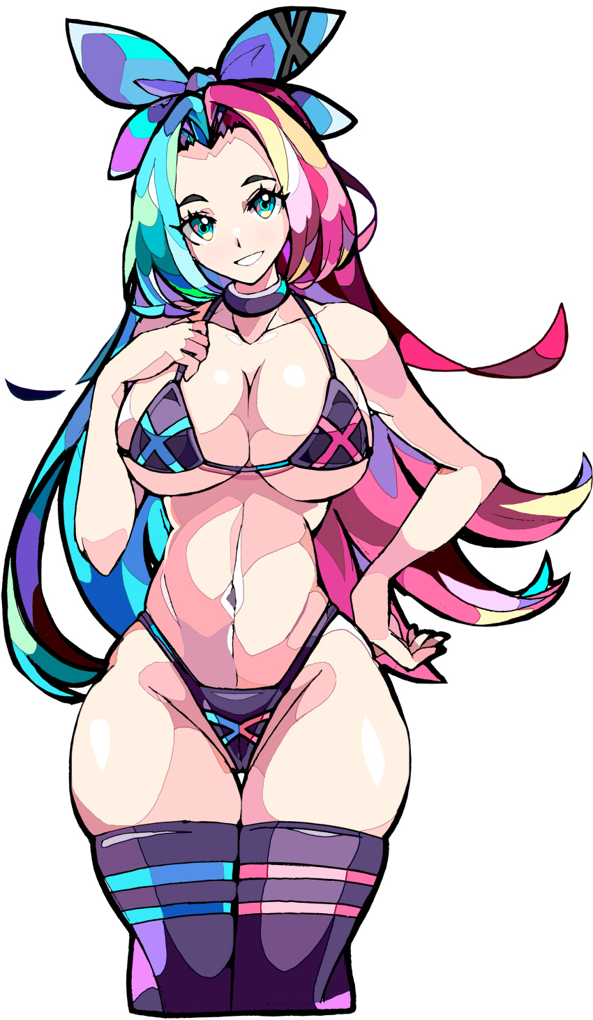 1girl absurdres bikini black_panties blue_eyes blue_hair breasts cowboy_shot enpe forehead hair_ribbon happy highres large_breasts long_hair looking_at_viewer multicolored_eyes multicolored_hair navel open_mouth original panties pink_hair ribbon simple_background smile solo swimsuit thick_thighs thighs underwear