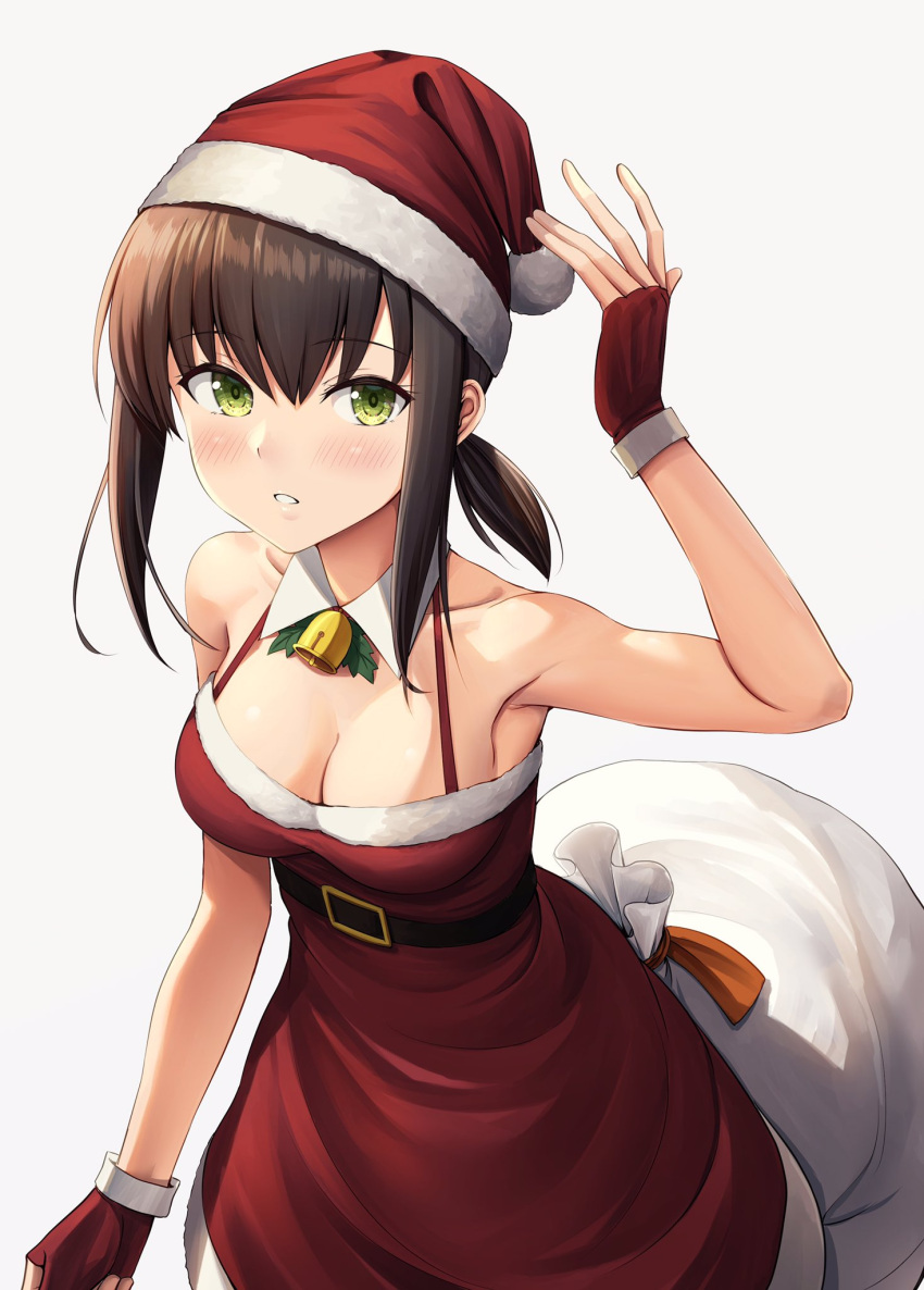 1girl bell belt black_belt black_hair blush breasts cleavage detached_collar fingerless_gloves fubuki_(kancolle) gloves green_eyes hair_between_eyes hat highres ichikawa_feesu kantai_collection medium_breasts open_mouth pom_pom_(clothes) red_gloves red_headwear sack santa_costume santa_hat short_hair short_ponytail simple_background solo white_background