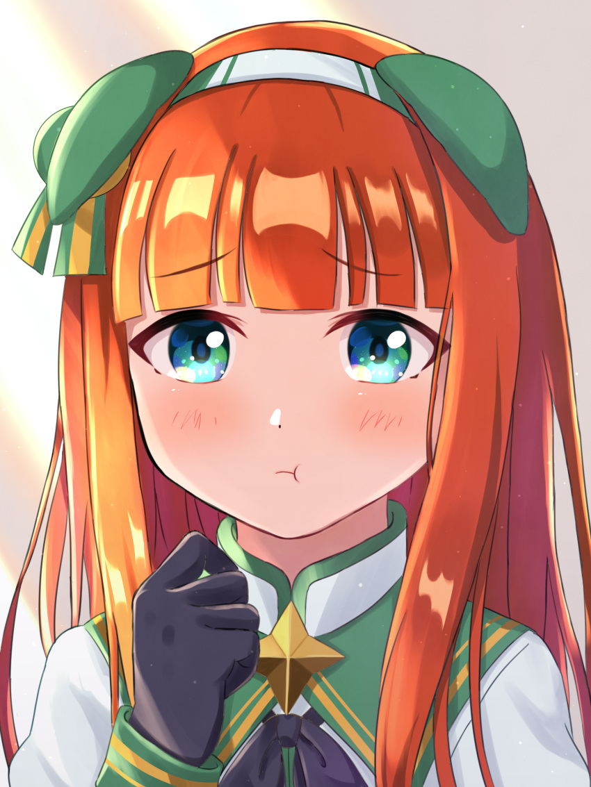 1girl animal_ears aqua_eyes black_bow black_bowtie black_gloves bow bowtie closed_mouth ear_covers ears_down gloves headband highres hime_cut horse_ears horse_girl long_hair looking_at_viewer mochitsuki_wataame orange_hair pout sad silence_suzuka_(umamusume) solo umamusume upper_body